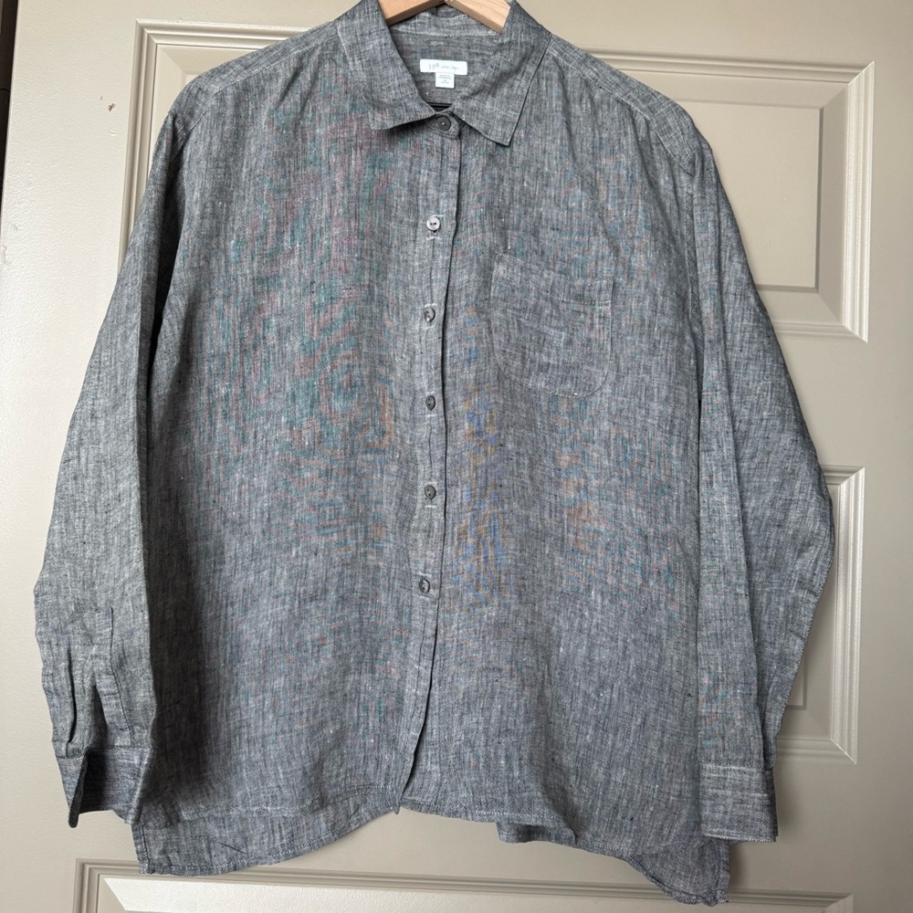 J. Jill Love Linen 100% Linen Button Down Shirt Beachy Boho Lagenlook, Grey, MP